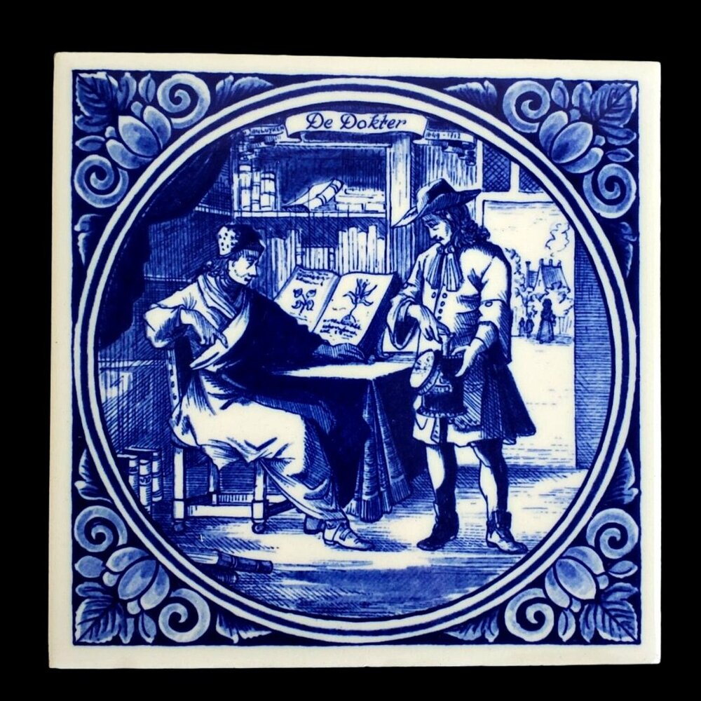 Vintage W German Tile Decorative Ceramic Delft "De Dokter" 6x6 Blue & White